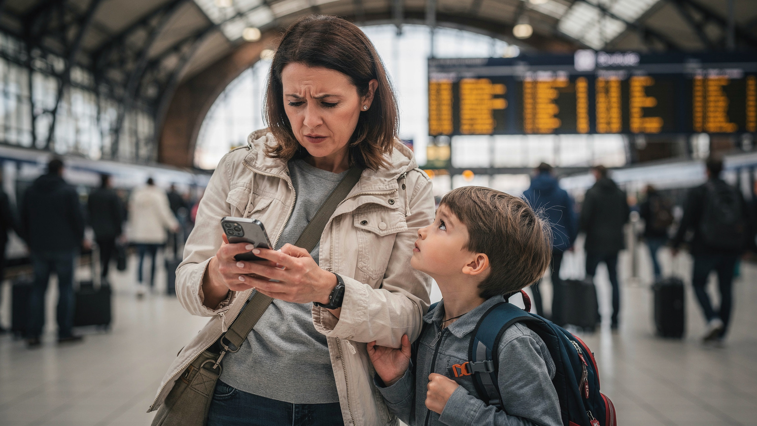 O mamă privește cu îngrijorare ecranul telefonului său, ținând de mână un copil, într-un hol aglomerat al unei gări din Marea Britanie.