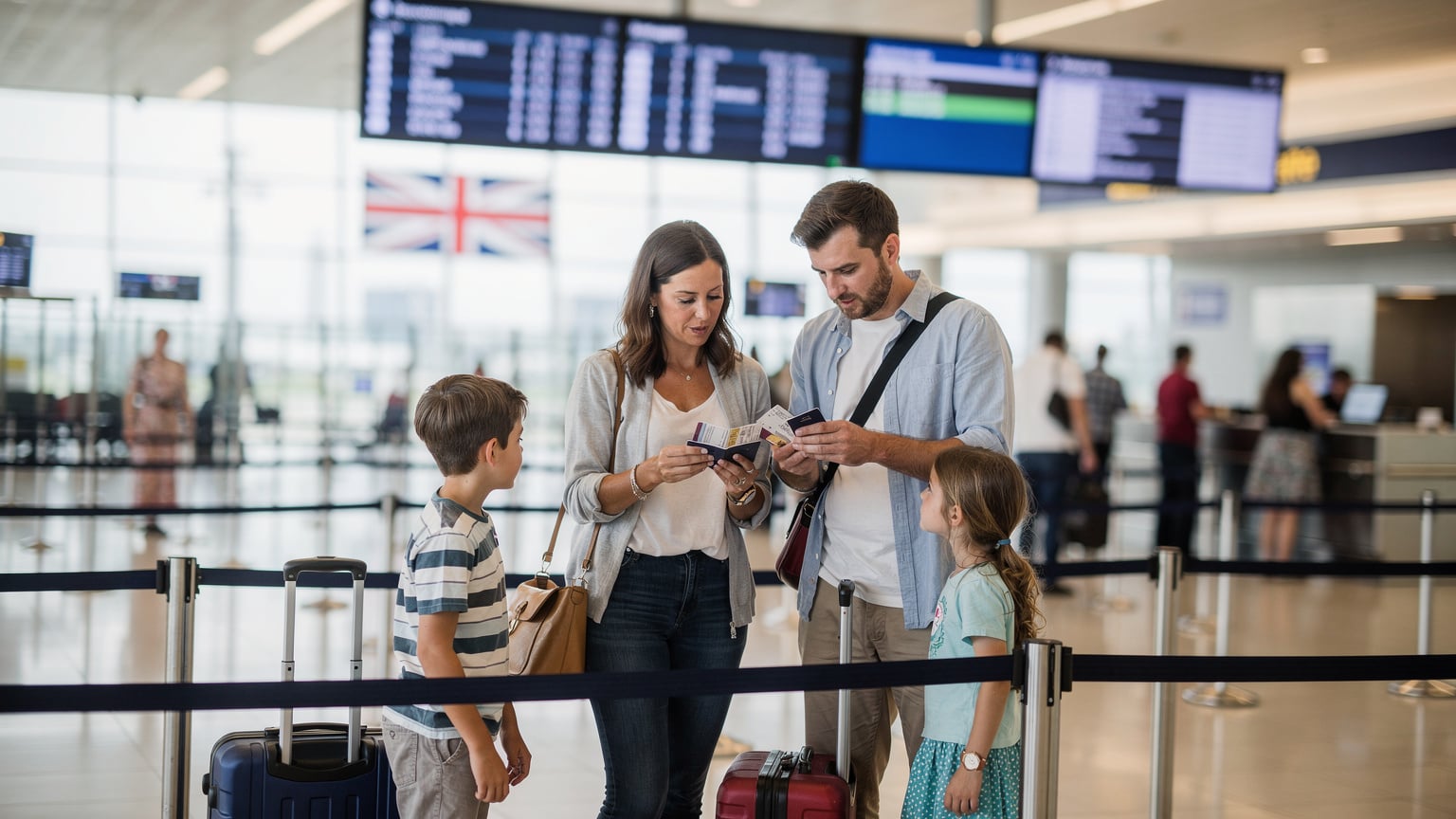 O familie tânără, cu doi copii, stă la coada pentru controlul pașapoartelor într-un aeroport modern din Marea Britanie, cu ecrane informative în fundal.