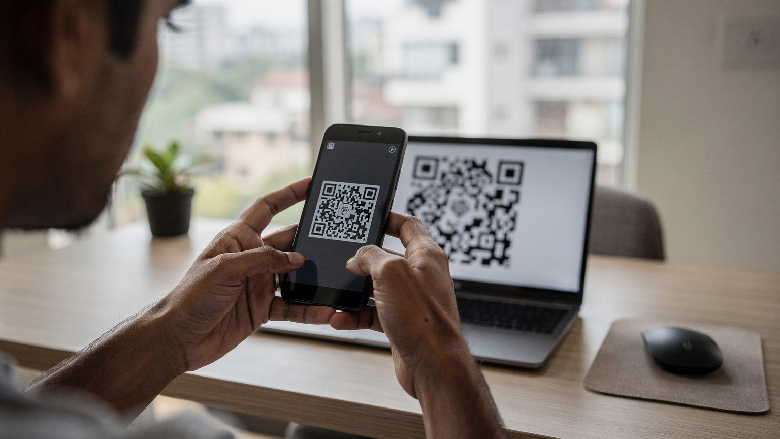 एक भारतीय व्यक्ति अपने आईफोन पर Jio eSIM सक्रियण के लिए QR कोड स्कैन कर रहा है, उसके चेहरे पर एकाग्रता का भाव है, जो तकनीकी सेटअप के क्षण को दर्शाता है।