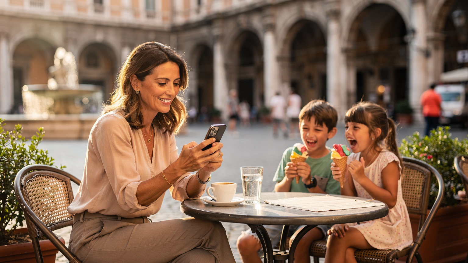 Uśmiechnięta matka przegląda aplikację bankową na iPhone'ie 18, siedząc w kawiarni na Placu Republiki w Rzymie, dzieci w tle jedzą lody.