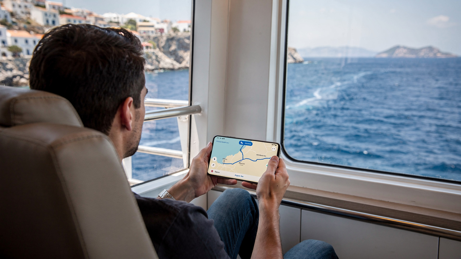 En person sidder på en færge på Det Ægæiske Hav og holder en telefon, der viser en app med rejseinformation, mens de kigger ud over havet.
