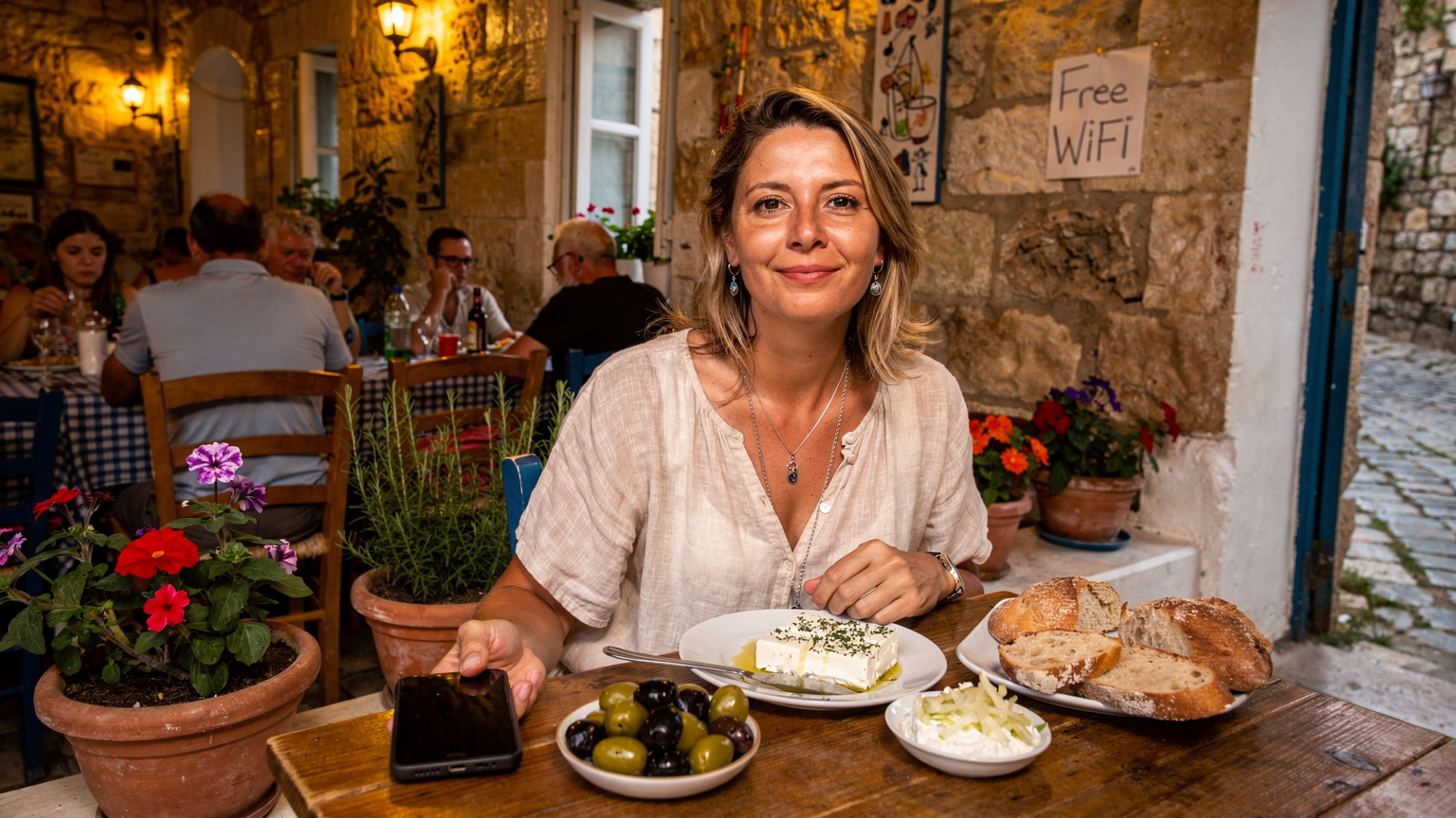 En kvinde sidder ved et bord på en travl taverna i den gamle bydel i Rhodos, med sin telefon liggende ved siden af en tallerken meze, og et WiFi-skilt i baggrunden.