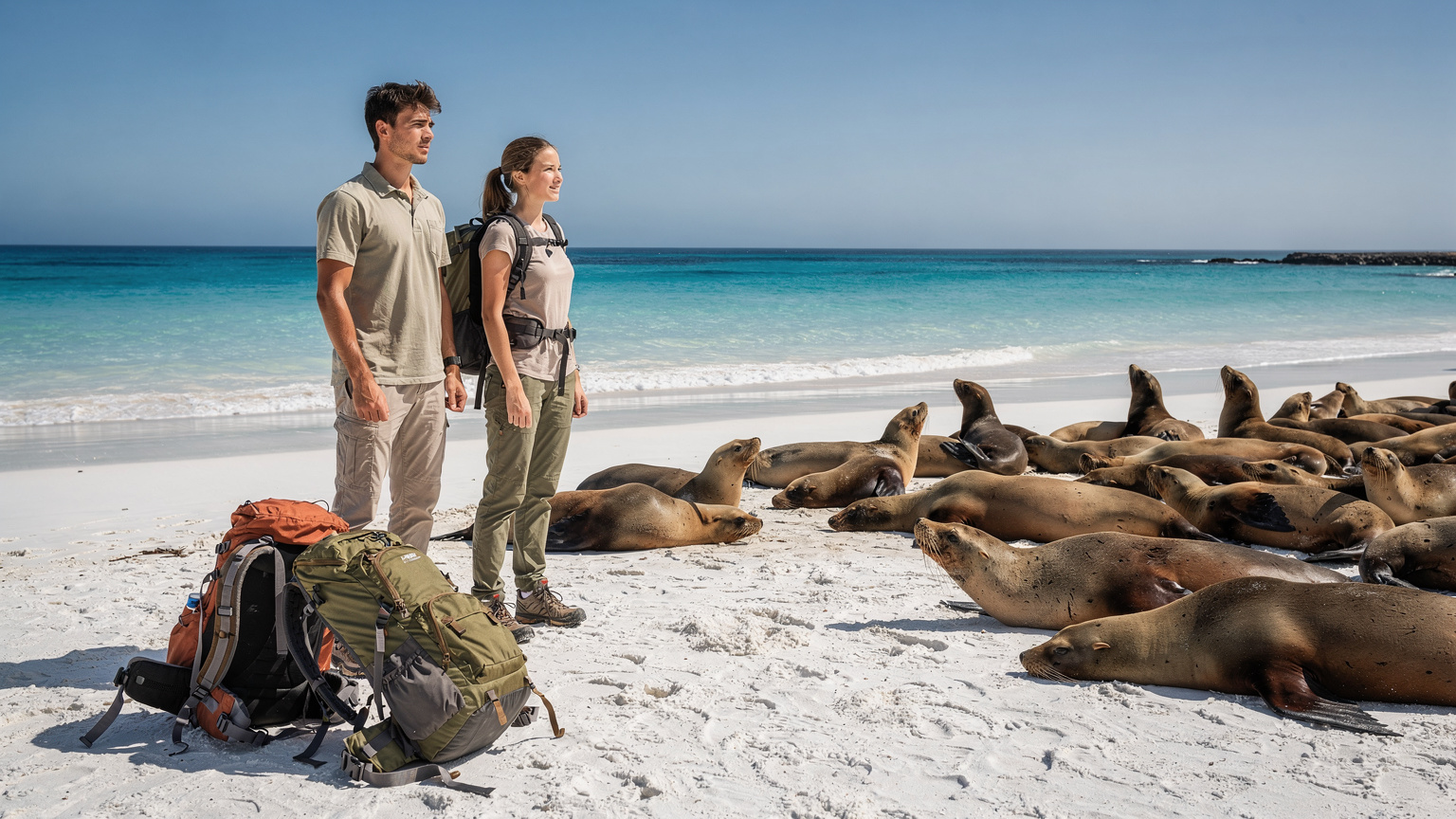 Un couple de voyageurs, vêtus de vêtements de randonnée légers, observent des lions de mer se prélassant sur une plage de sable blanc des Galápagos. Leurs sacs à dos sont posés à côté d'eux, et ils n'utilisent pas leurs téléphones.