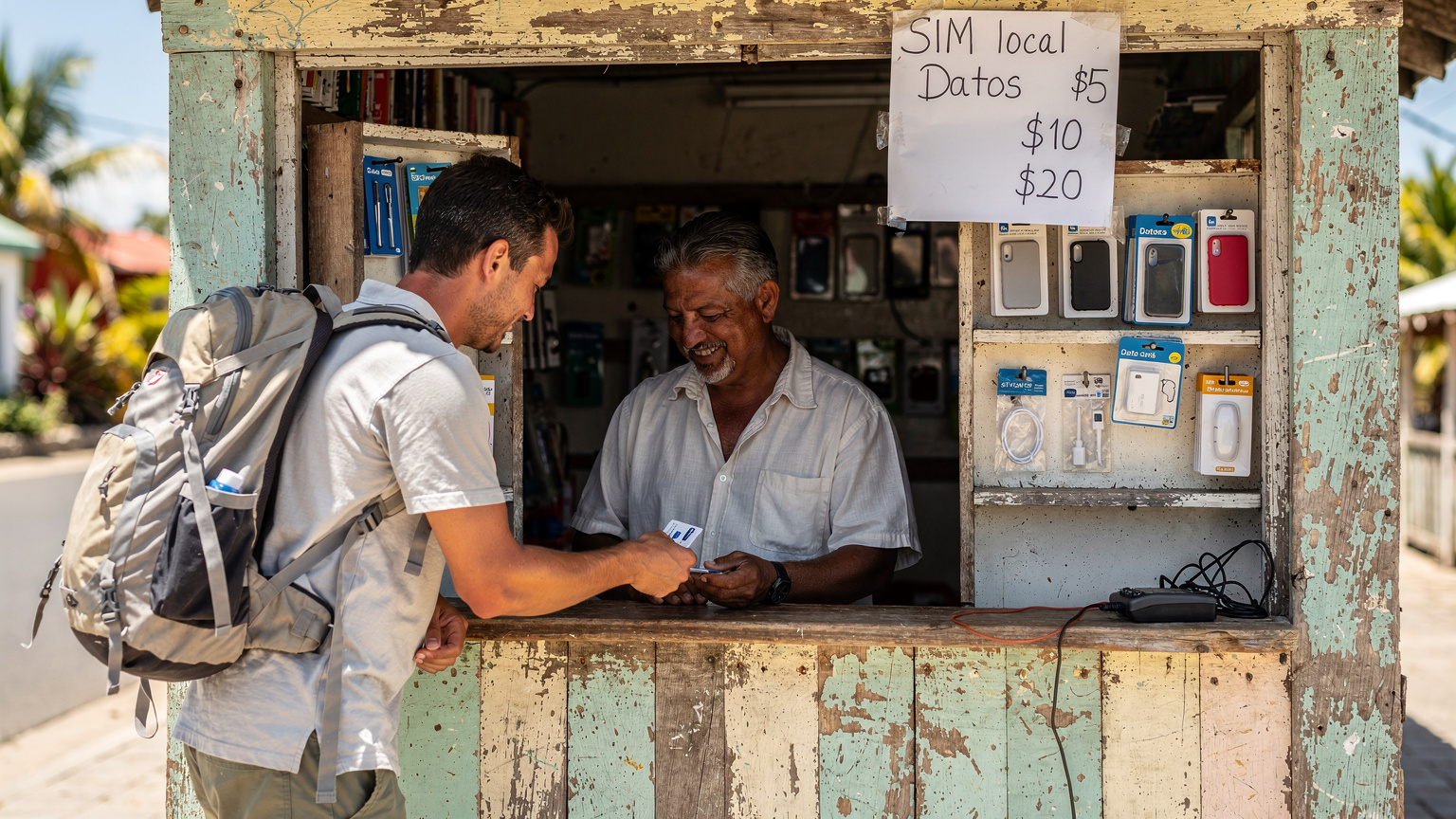 Un petit commerce artisanal à Puerto Ayora, Galápagos, vendant des cartes SIM locales, avec un panneau écrit à la main affichant les tarifs. L'image montre une interaction entre un touriste et un vendeur local.