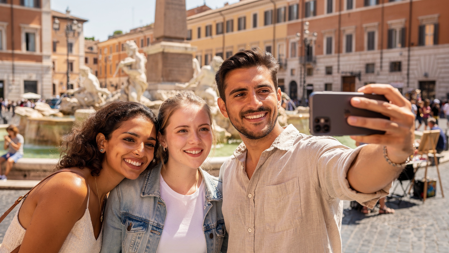Un grupo de amigos sonríe y se toma una selfie en la bulliciosa Piazza Navona, en Roma, con sus teléfonos conectados y compartiendo su experiencia en tiempo real.