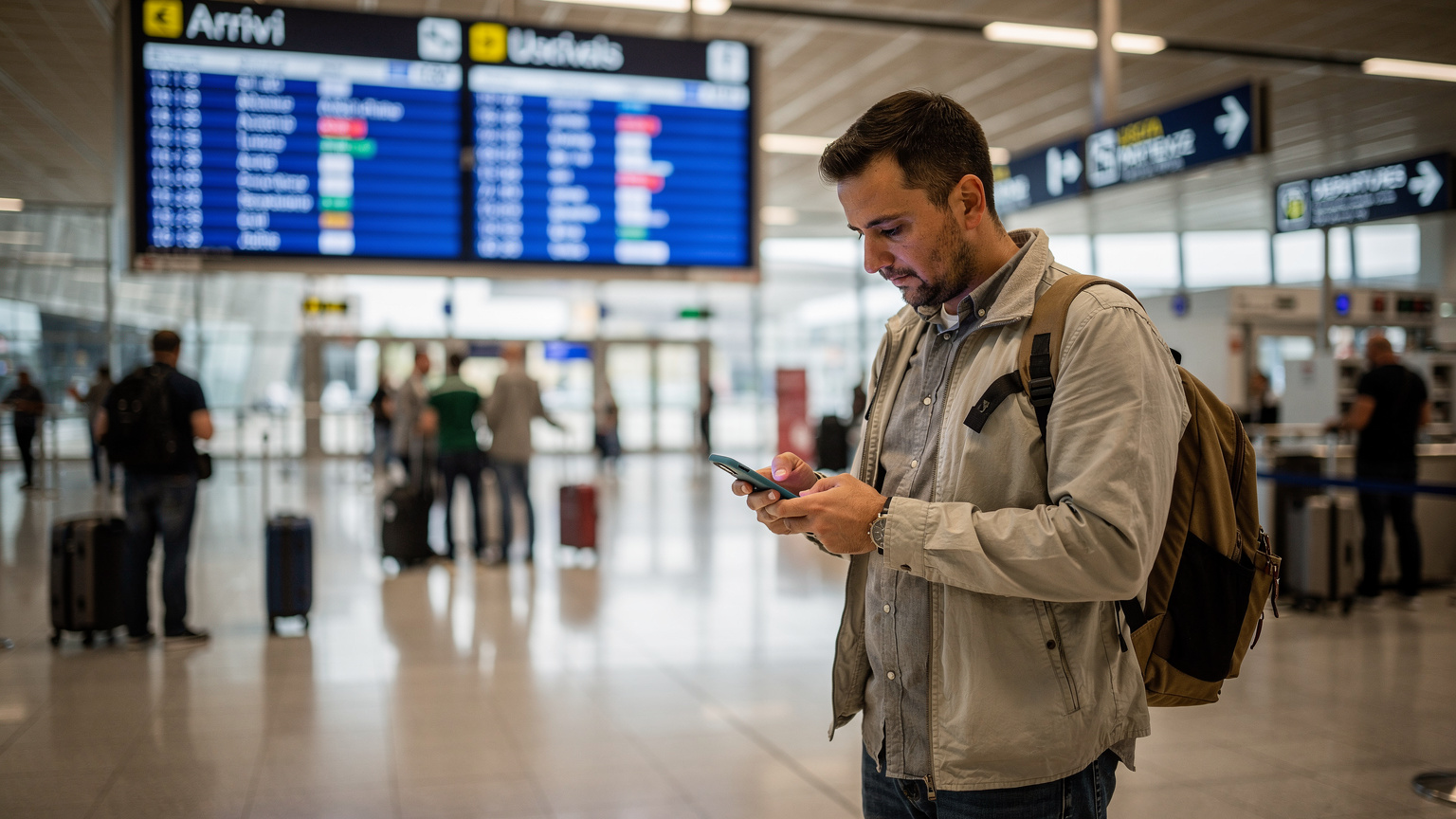 Un viajero consulta su eSIM en el aeropuerto de Fiumicino, Roma, justo después de aterrizar, buscando opciones de transporte para llegar a su hotel en Trastevere.