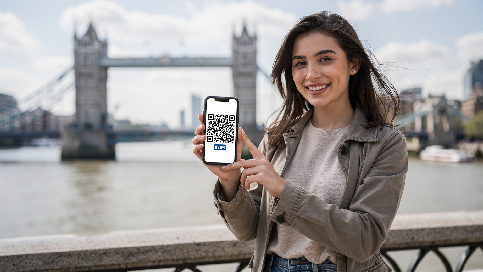 Cestovatelka se usmívá a drží telefon s QR kódem pro aktivaci eSIM na pozadí londýnského Tower Bridge.