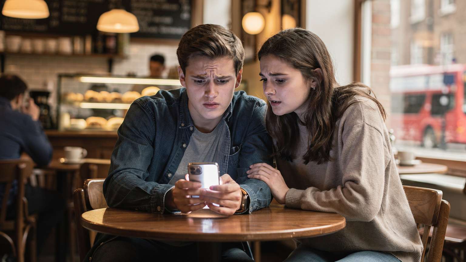 Mladý pár sedí v rušné londýnské kavárně, jeden z nich se snaží připojit k veřejné Wi-Fi s viditelně frustrovaným výrazem.