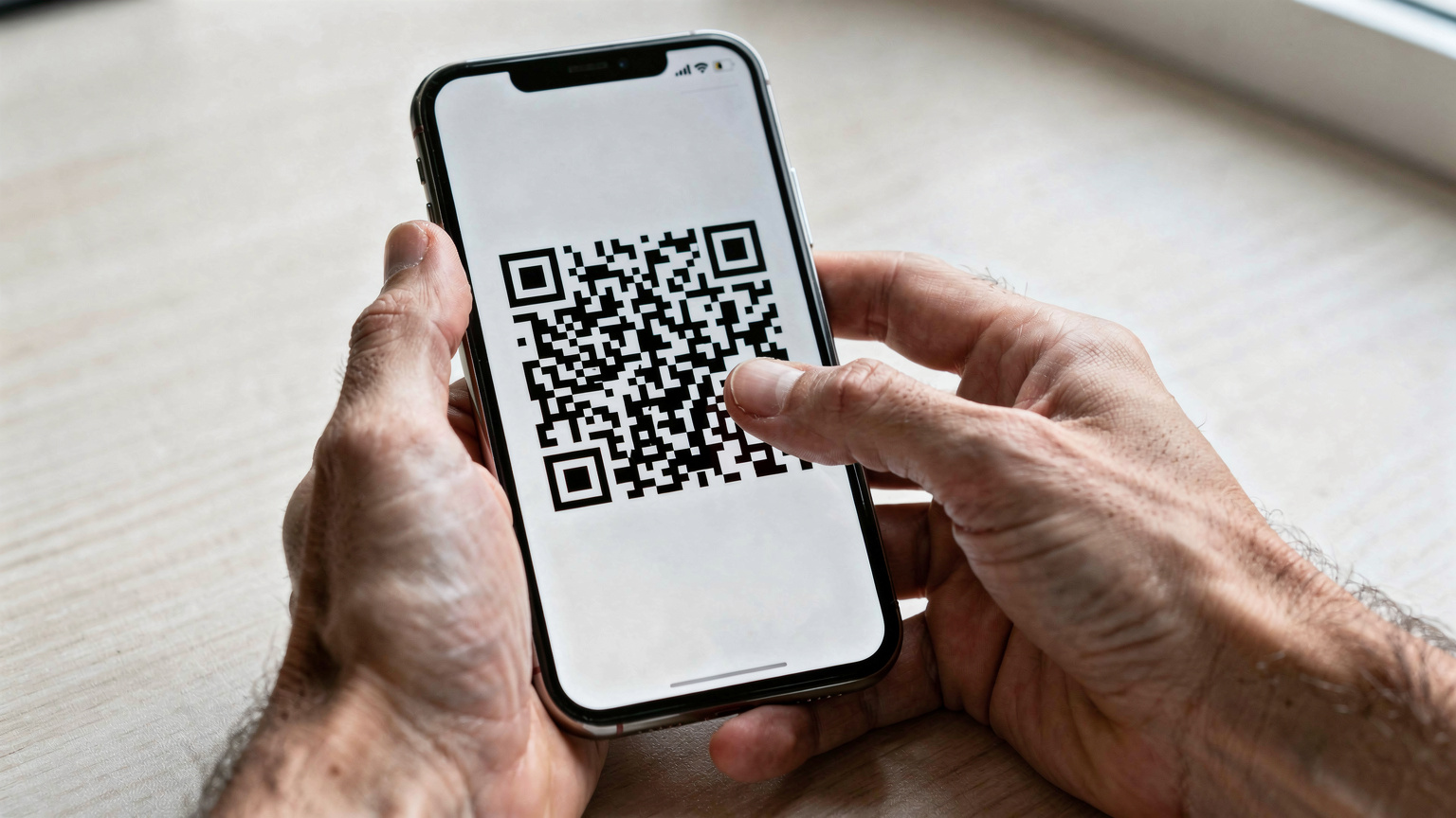 Nahaufnahme von Händen, die ein Smartphone halten. Auf dem Bildschirm ist ein QR-Code zu sehen, der für die eSIM-Aktivierung bereit ist.