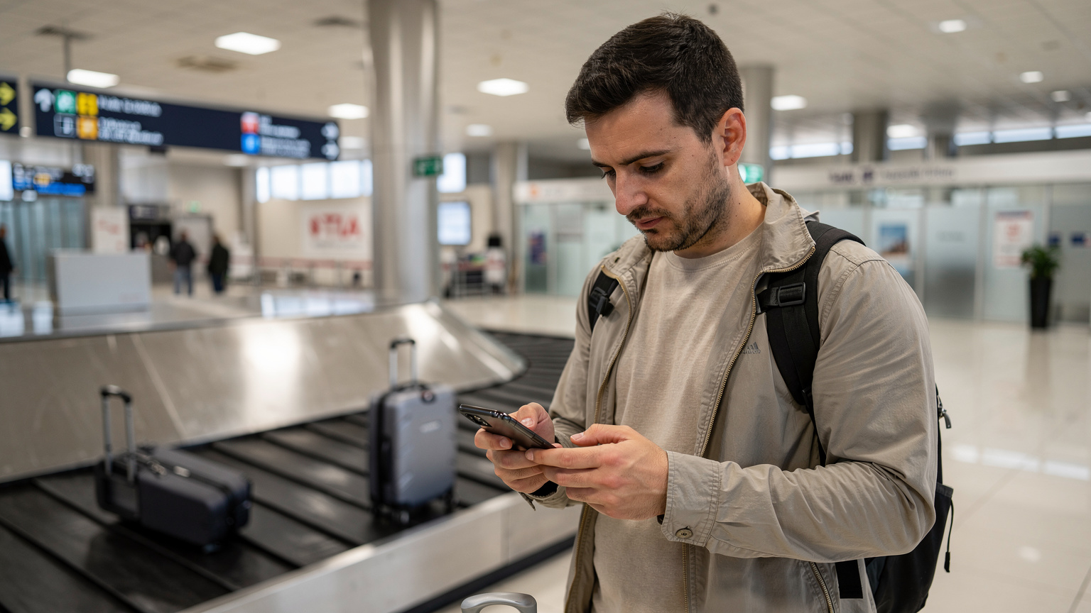 Ein Reisender am Flughafen Tirana überprüft die eSIM-Einstellungen auf seinem Smartphone, kurz nach der Ankunft.