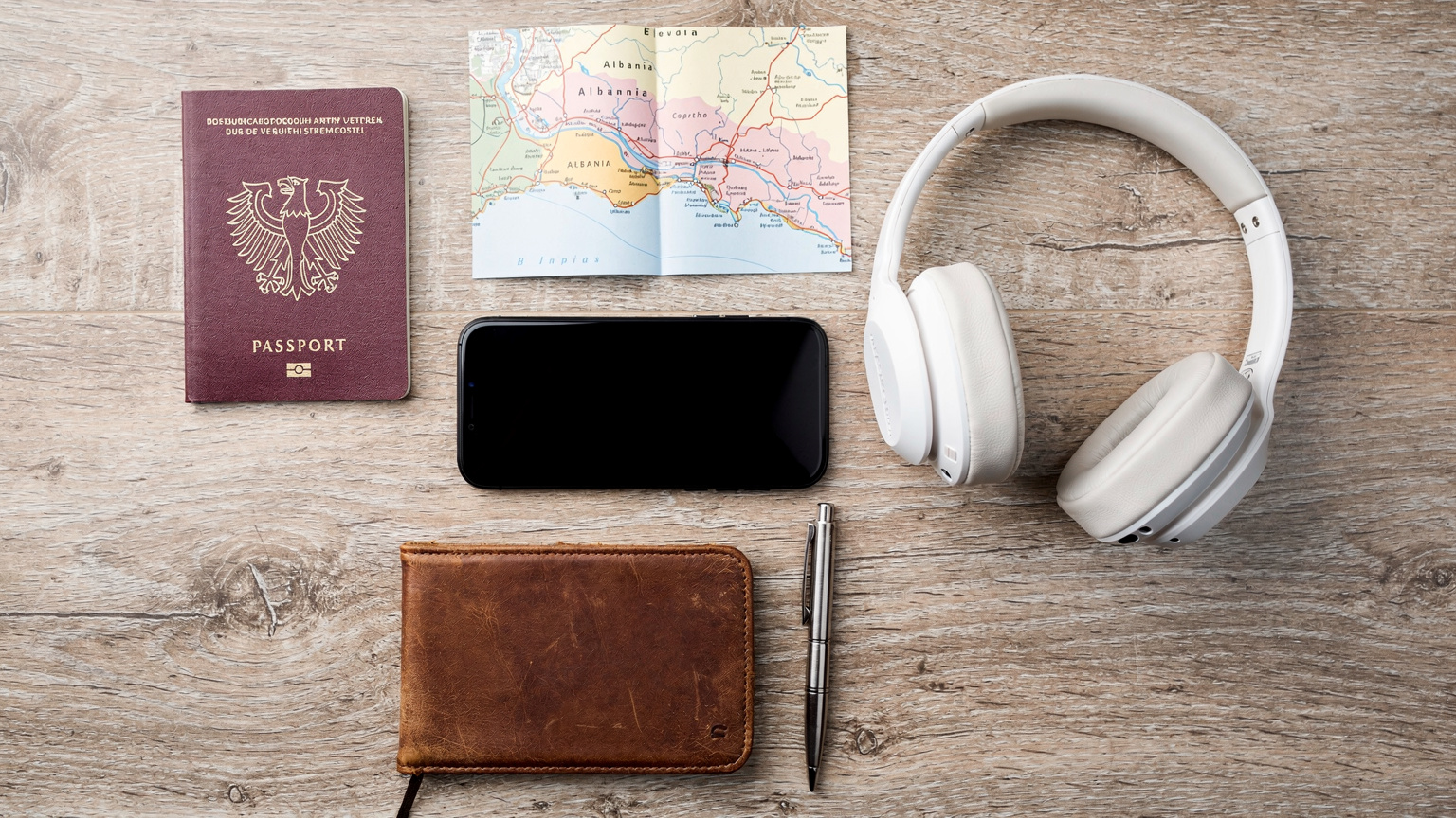 Ein Overhead-Flat-Lay-Shot zeigt die wichtigsten Reiseutensilien eines Digitalnomaden, darunter ein Smartphone, Reisepass, Kopfhörer und eine Karte von Albanien, alles auf einem Holztisch arrangiert.