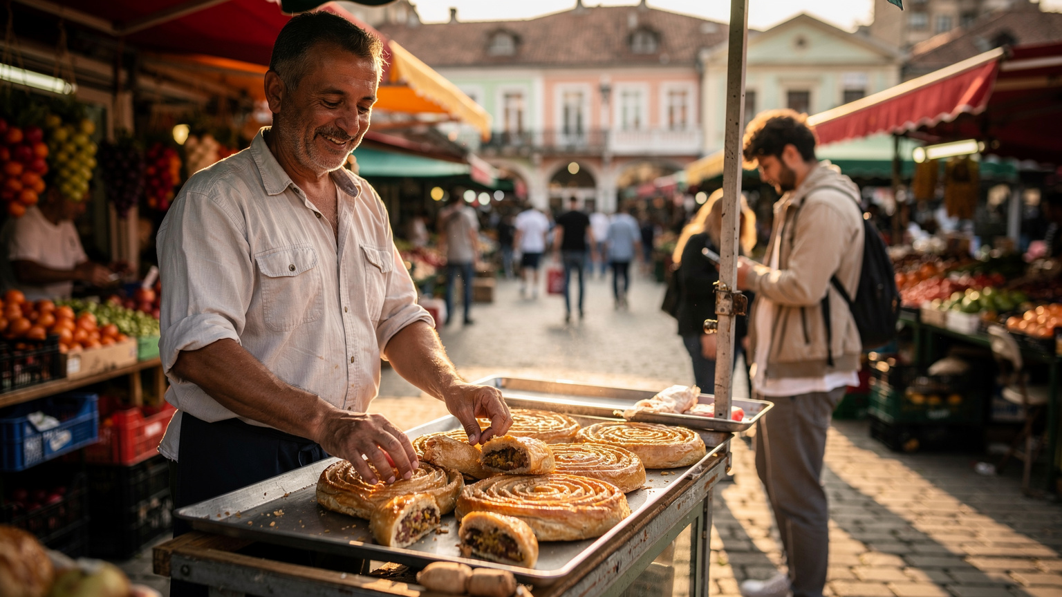 Ein albanischer Straßenverkäufer bietet frisch gebackene Burek an, während ein Reisender im Hintergrund sein Smartphone überprüft.