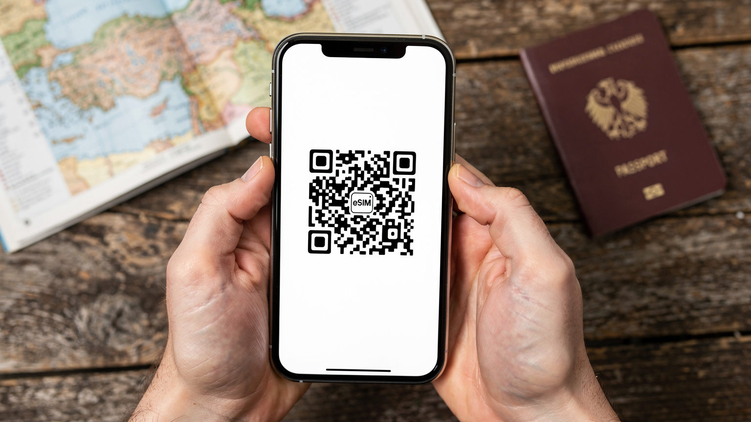 Nahaufnahme von Händen, die ein Smartphone halten, während auf dem Bildschirm ein QR-Code für die eSIM-Installation angezeigt wird, mit einem leicht unscharfen Reiseführer und einem Reisepass im Hintergrund.