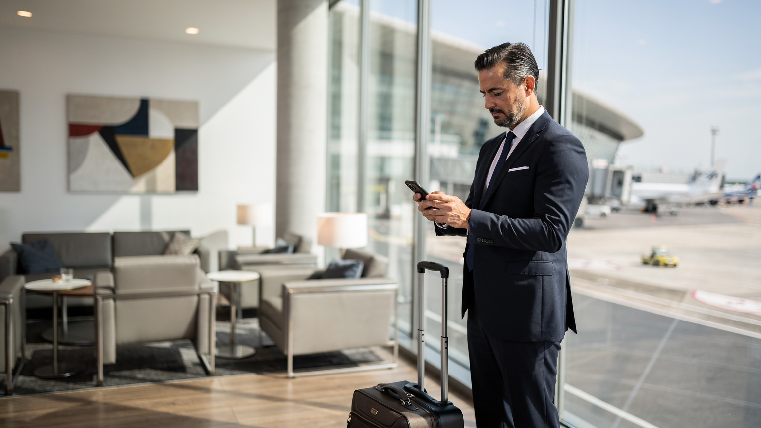 Un homme d'affaires en costume, debout près d'une fenêtre dans un aéroport moderne, regarde son téléphone avec une expression de concentration.