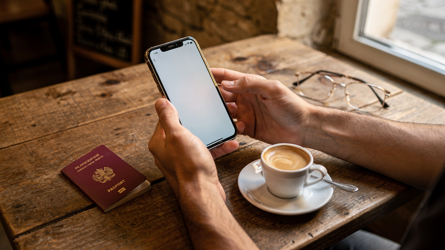 Une personne examine attentivement son iPhone affichant les réglages réseau, avec un passeport français et une tasse de café sur une table en bois d'un café à Lyon.