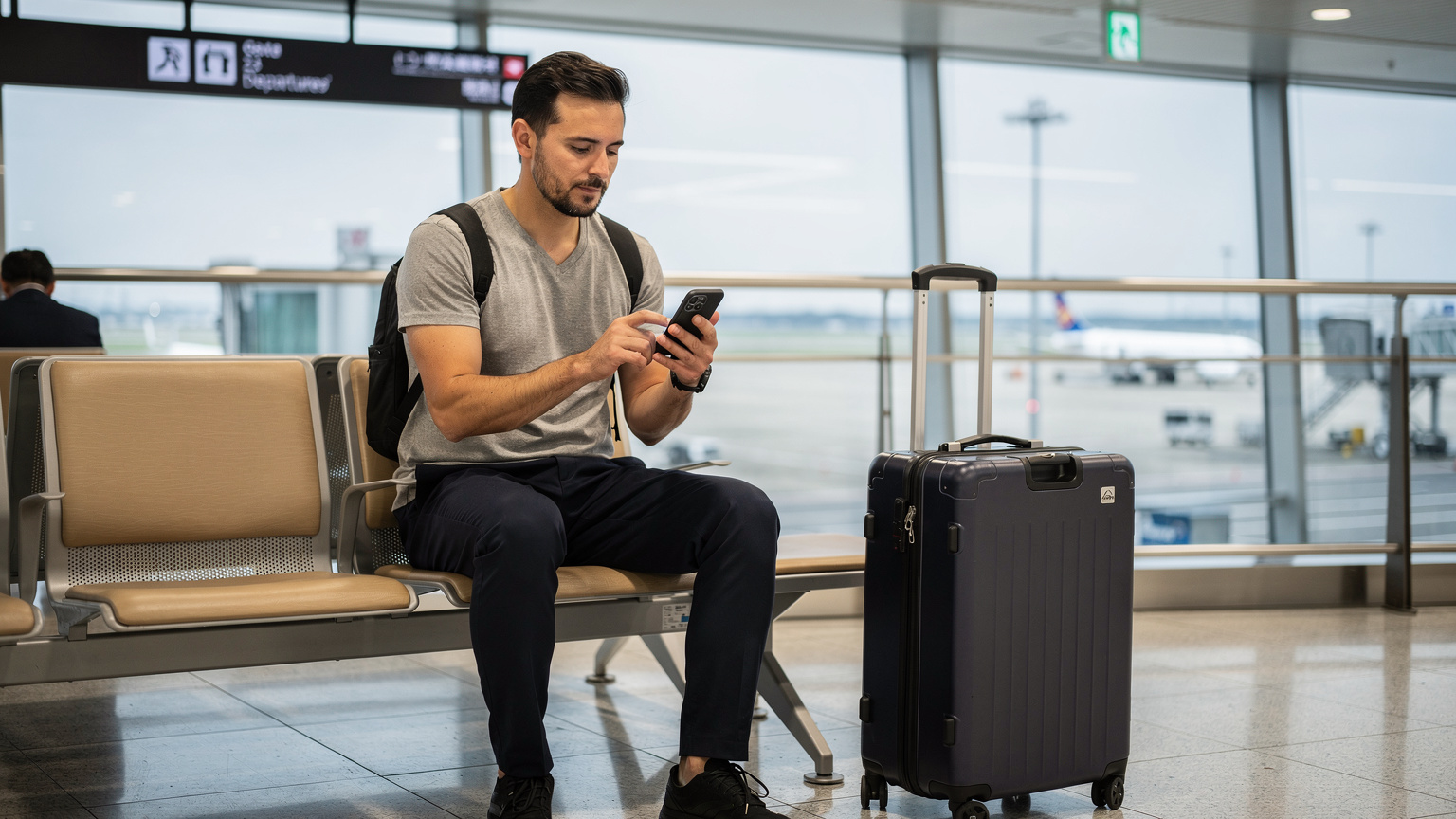 Un voyageur vérifiant sa liste de prérequis sur son iPhone, assis à l'aéroport international de Narita, Tokyo, avec des valises à roulettes à ses pieds. L'ambiance est calme et organisée, typique d'un terminal moderne.