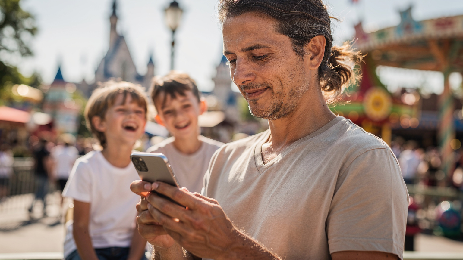 Een vader of moeder die in een pretpark met hun smartphone de locatie van hun kinderen volgt via een ouderlijk toezicht-app, terwijl de kinderen zichtbaar plezier hebben op de achtergrond.