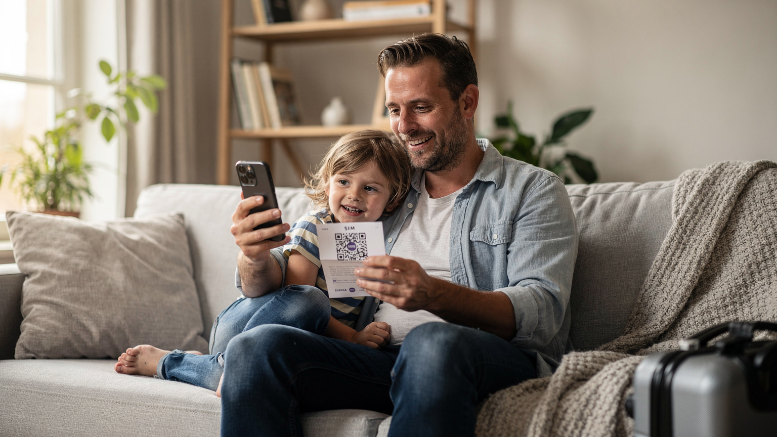 Een vader met een kind op schoot, terwijl hij op een ontspannen manier een eSIM QR-code scant op zijn smartphone, in de gezellige sfeer van een woonkamer voor vertrek.