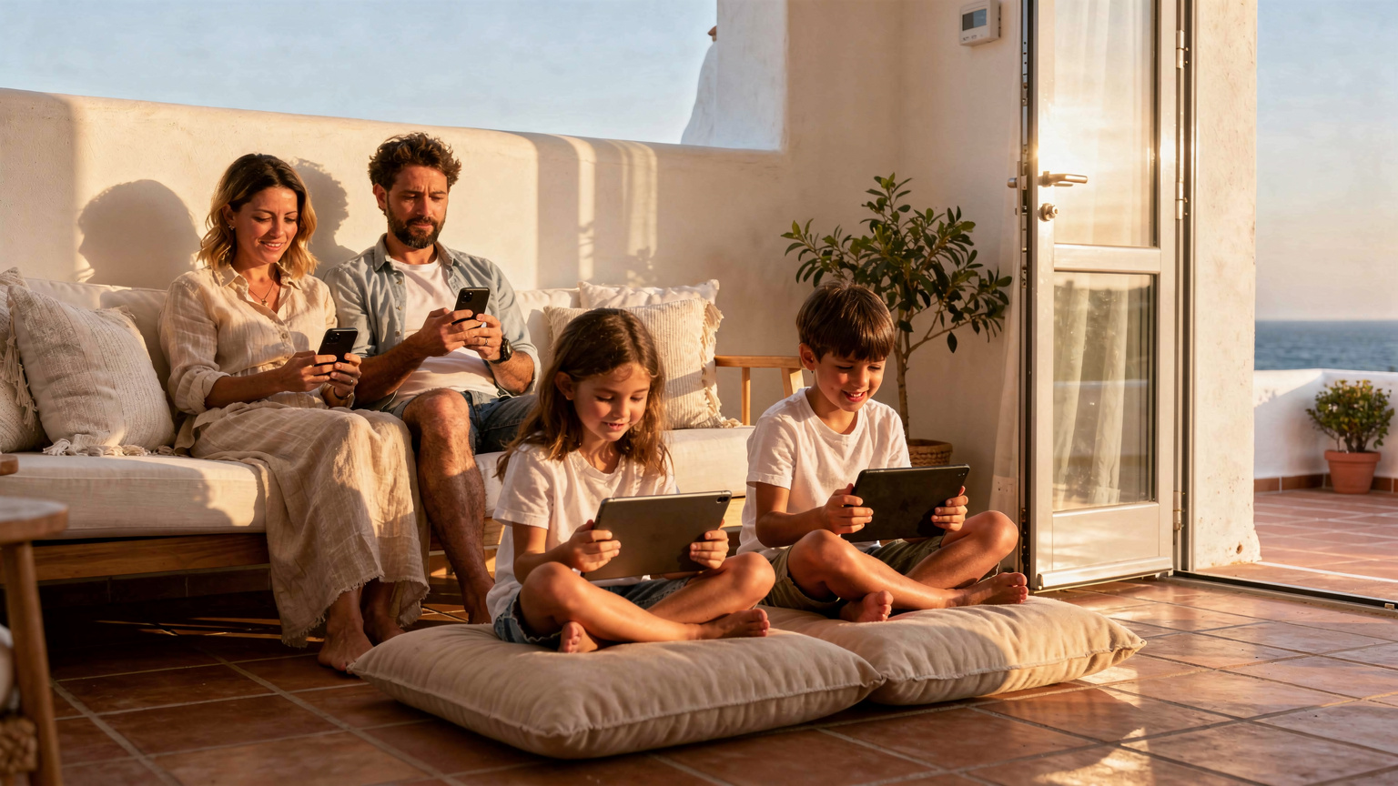 Een gezin dat, na aankomst in een vakantiewoning in een zonnige, Mediterrane omgeving, bezig is met het downloaden van offline kaarten en het voorbereiden van entertainment op hun apparaten.