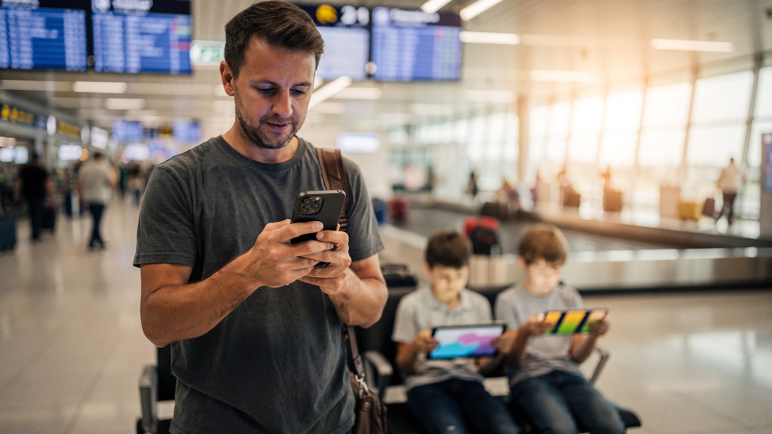 Een vader of moeder die na aankomst op een drukke luchthaven snel online is met hun smartphone, terwijl de kinderen geduldig wachten met hun tablets.