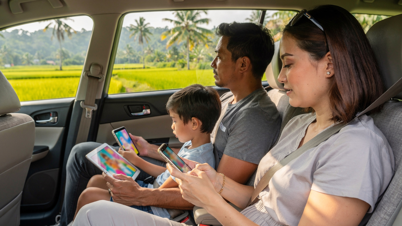 A family with two children, each holding a tablet, sitting comfortably in the back of a taxi, enjoying content while traveling through a lush Indonesian landscape, with the mother checking her phone for directions.