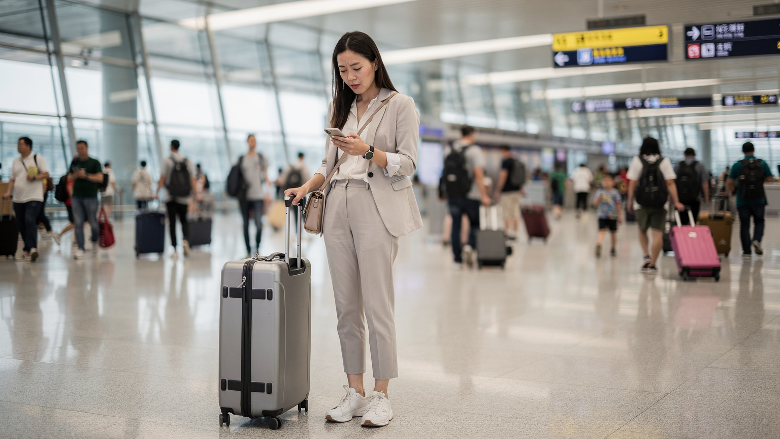 一名女性旅客在上海虹橋機場的到達大廳,一邊拖著行李箱,一邊焦急地查看手機,周圍人來人往,顯示出旅途中的匆忙與對網絡的渴望。