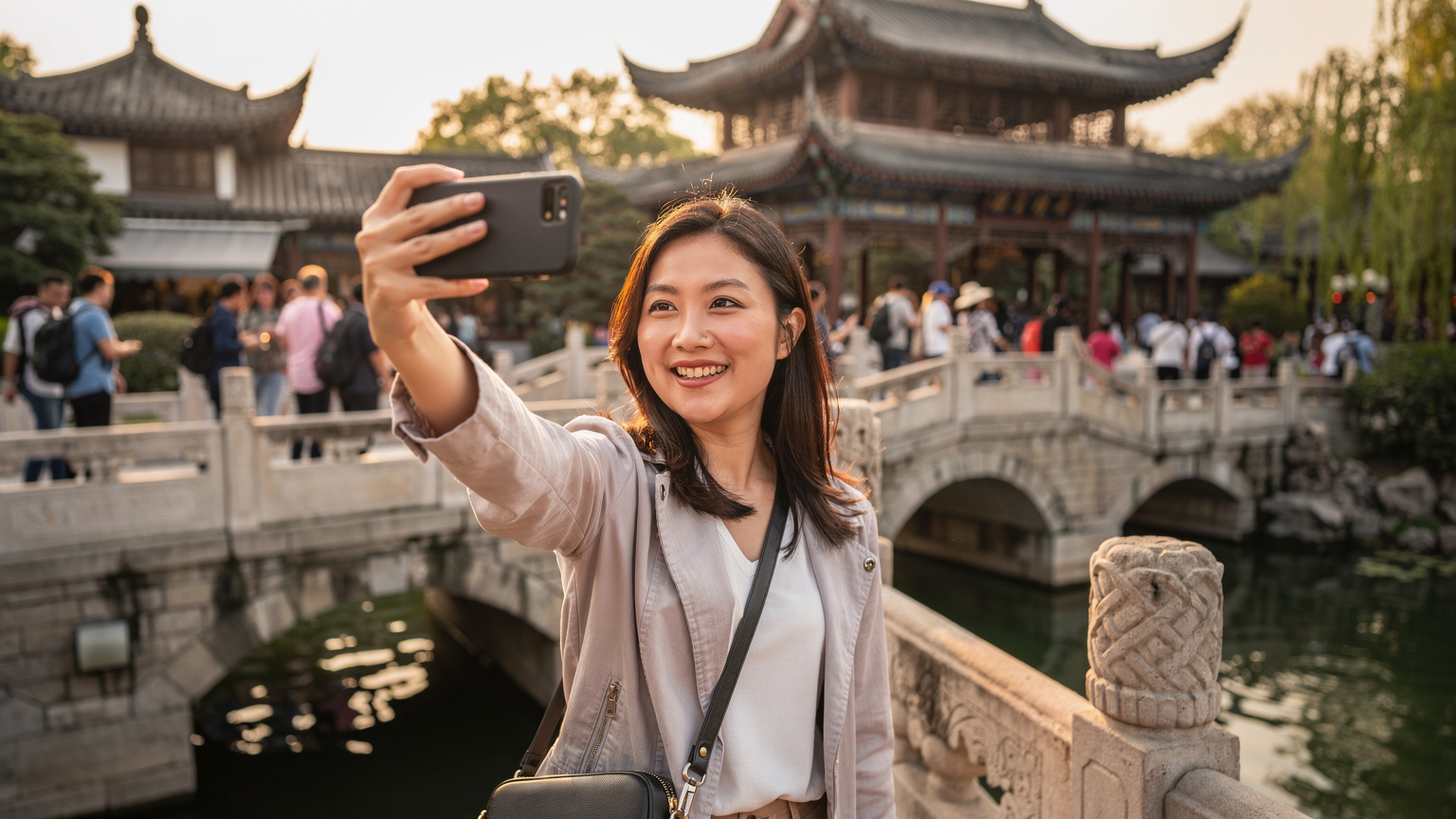 一名旅客在上海豫園的九曲橋上,手持手機自拍,背景是古色古香的亭台樓閣和熙攘的人群,表情愉悅,享受著旅行的樂趣。