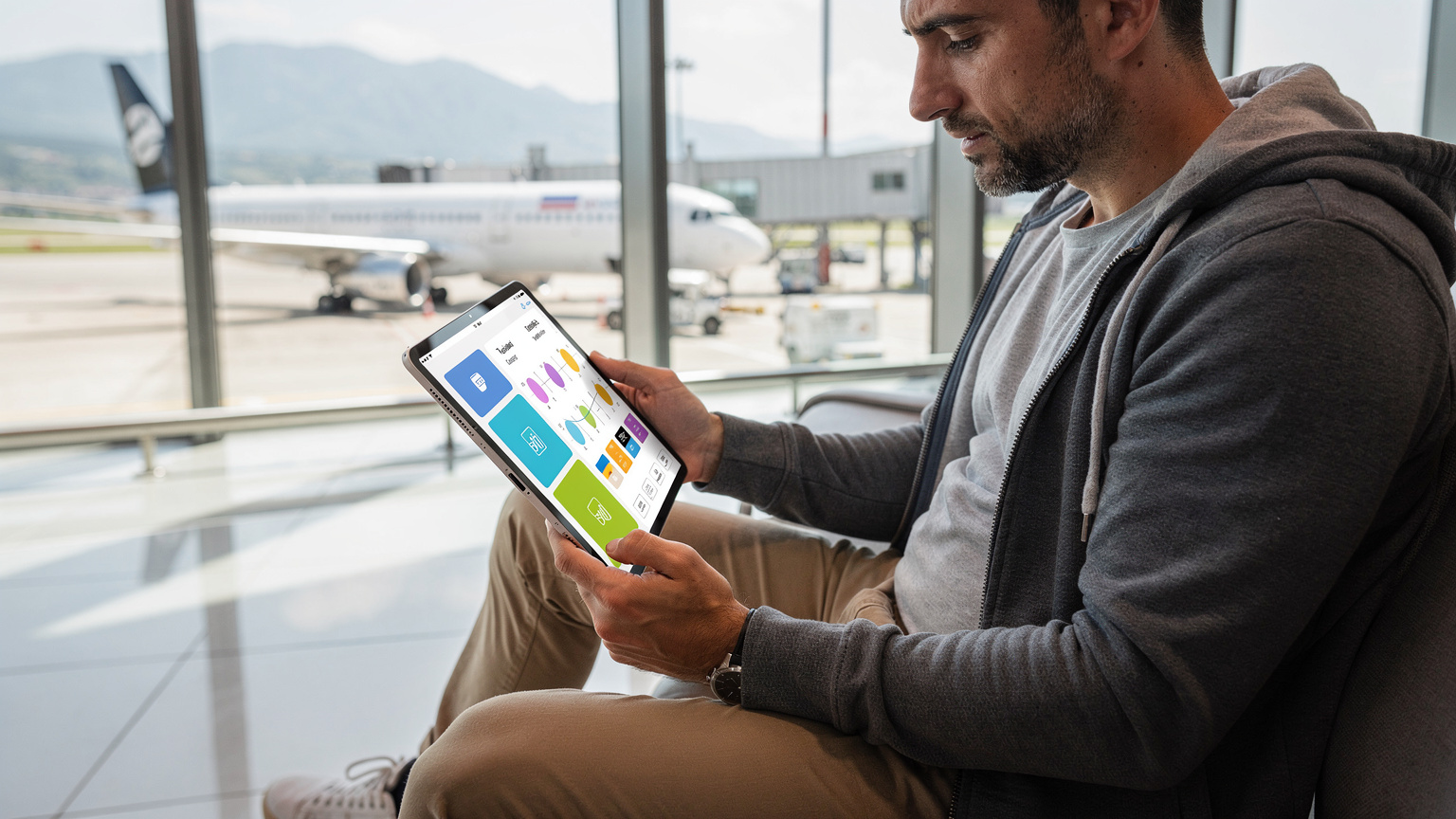 Een reiziger vergelijkt eSIM-pakketten op een iPad Pro terwijl hij wacht op de gates van Tbilisi International Airport, met een glimp van de startbaan op de achtergrond.