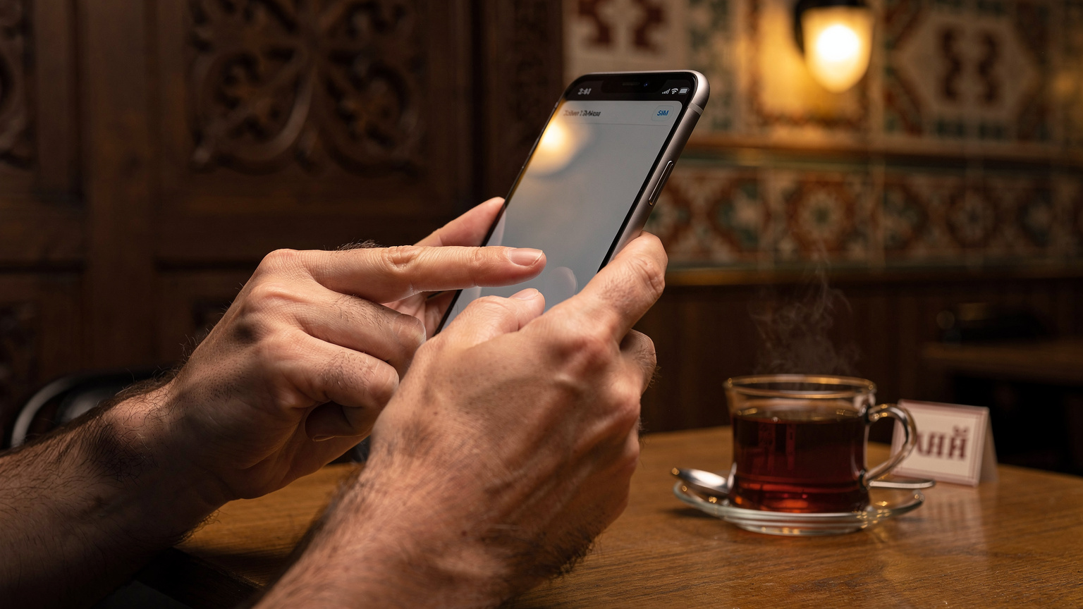 Close-up van handen die op een iPhone 17 tikken om een eSIM-profiel te selecteren in een café in de wijk Sololaki in Tbilisi, met traditionele Georgische ornamenten op de achtergrond.
