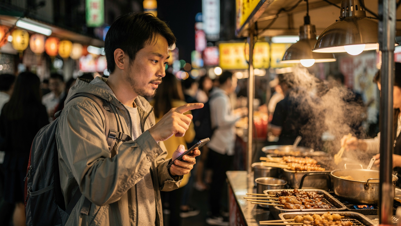 台北の夜市で、スマートフォンを片手に料理を注文する旅行者。eSIMの安定した接続で、メニューの翻訳もスムーズです。