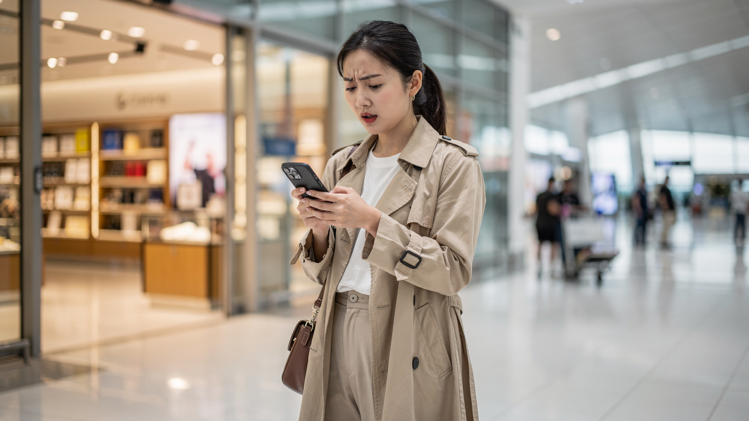 一位旅客在新加坡樟宜機場的免稅店旁,看著手機上關於 eSIM 的資訊,臉上露出略顯困惑又帶有一絲期待的表情。