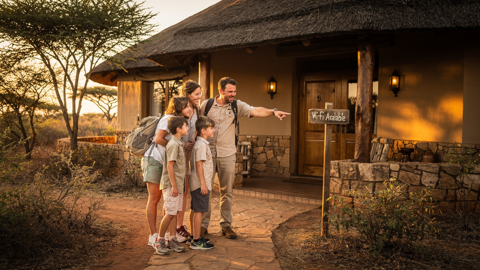 Een gezin staat bij de ingang van een safarilodge in het Krugerpark, waar een bordje 'Wi-Fi Available' hangt, terwijl de zon ondergaat over de bomen, wat duidt op beperkte connectiviteit buiten de lodge.