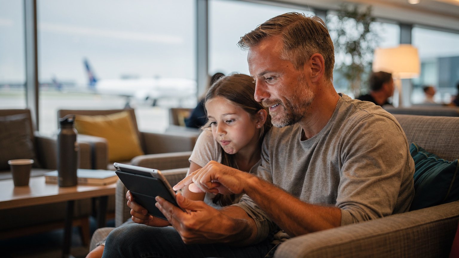Een vader stelt de schermtijd in op de iPad van zijn dochter, die naast hem zit in een comfortabele stoel in een luchthavenlounge, klaar voor een lange vlucht.