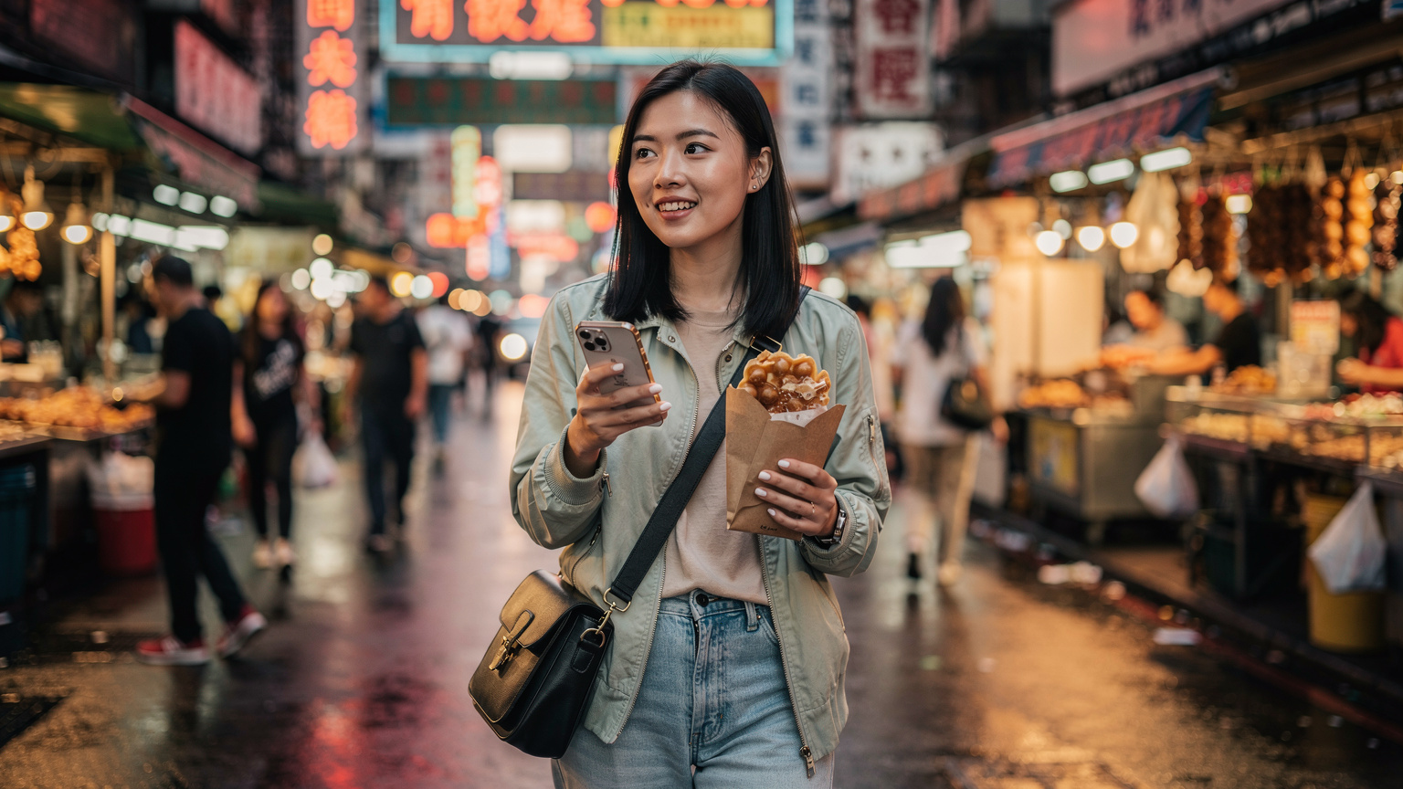 一名中国游客在香港街头,一手拿着手机,一手拿着刚买的鸡蛋仔,正在使用eSIM导航寻找下一个美食目的地。