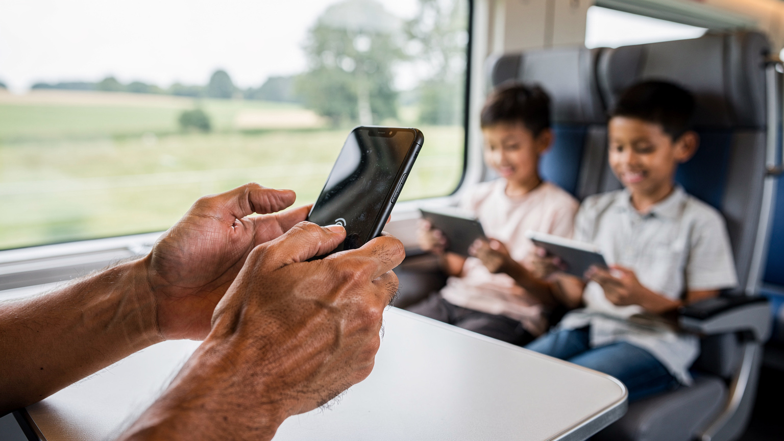 Tangan seorang bapa sedang mengaktifkan fungsi hotspot pada telefon pintarnya untuk tablet anak-anak di dalam kabin kereta api laju TGV yang selesa, melintasi desa Perancis.