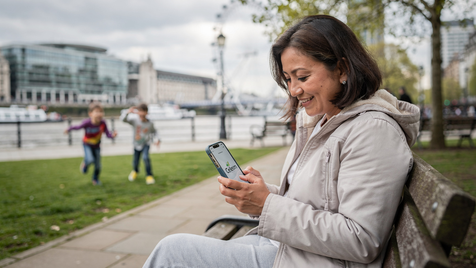 Seorang ibu tersenyum lega sambil melihat telefonnya yang menunjukkan logo Cellesim, duduk di bangku taman di tepi Sungai Thames London, dengan anak-anaknya bermain di latar belakang yang kabur.