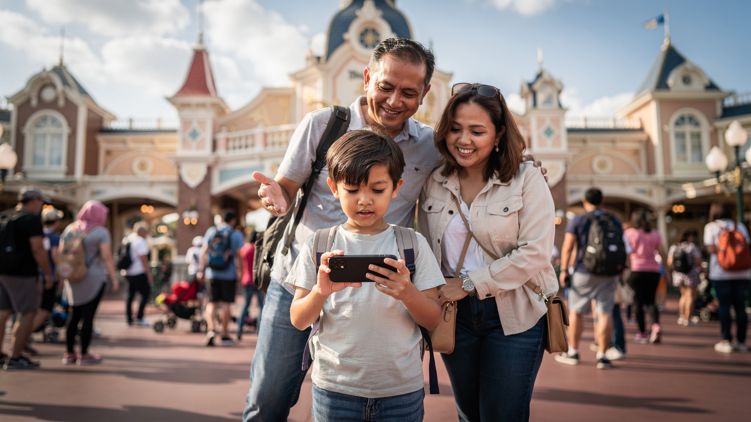 Seorang remaja lelaki memegang telefon pintarnya, melihat peta digital di pintu masuk Disneyland Paris yang ramai, manakala ibu bapanya tersenyum di belakang.