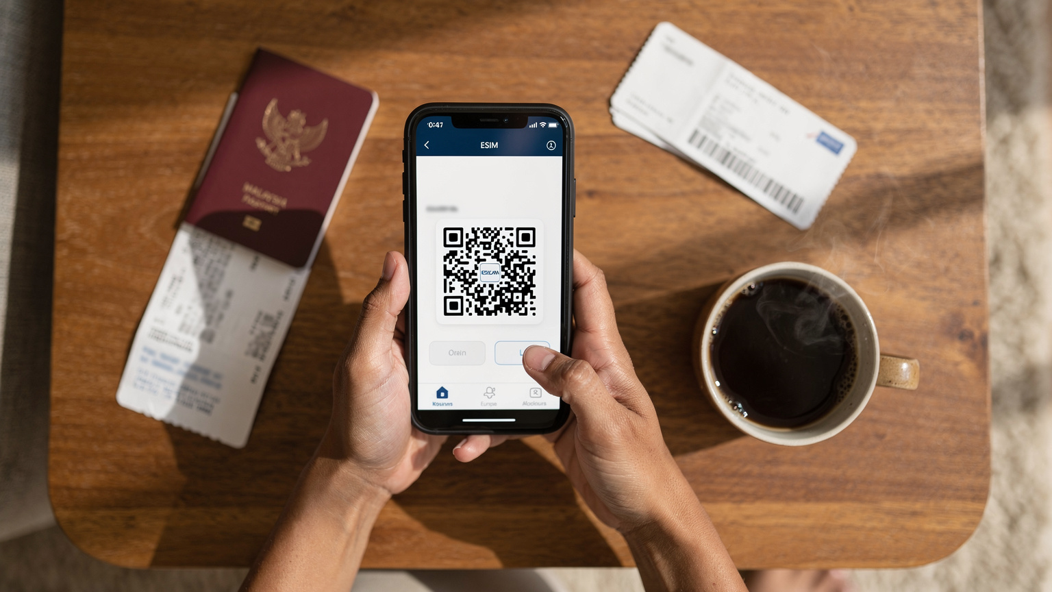 Pandangan atas tangan seorang ibu memegang telefon, menunjukkan skrin pemasangan eSIM dengan kod QR yang diimbas, di atas pasport, tiket penerbangan, dan secawan kopi di meja kopi rumah.