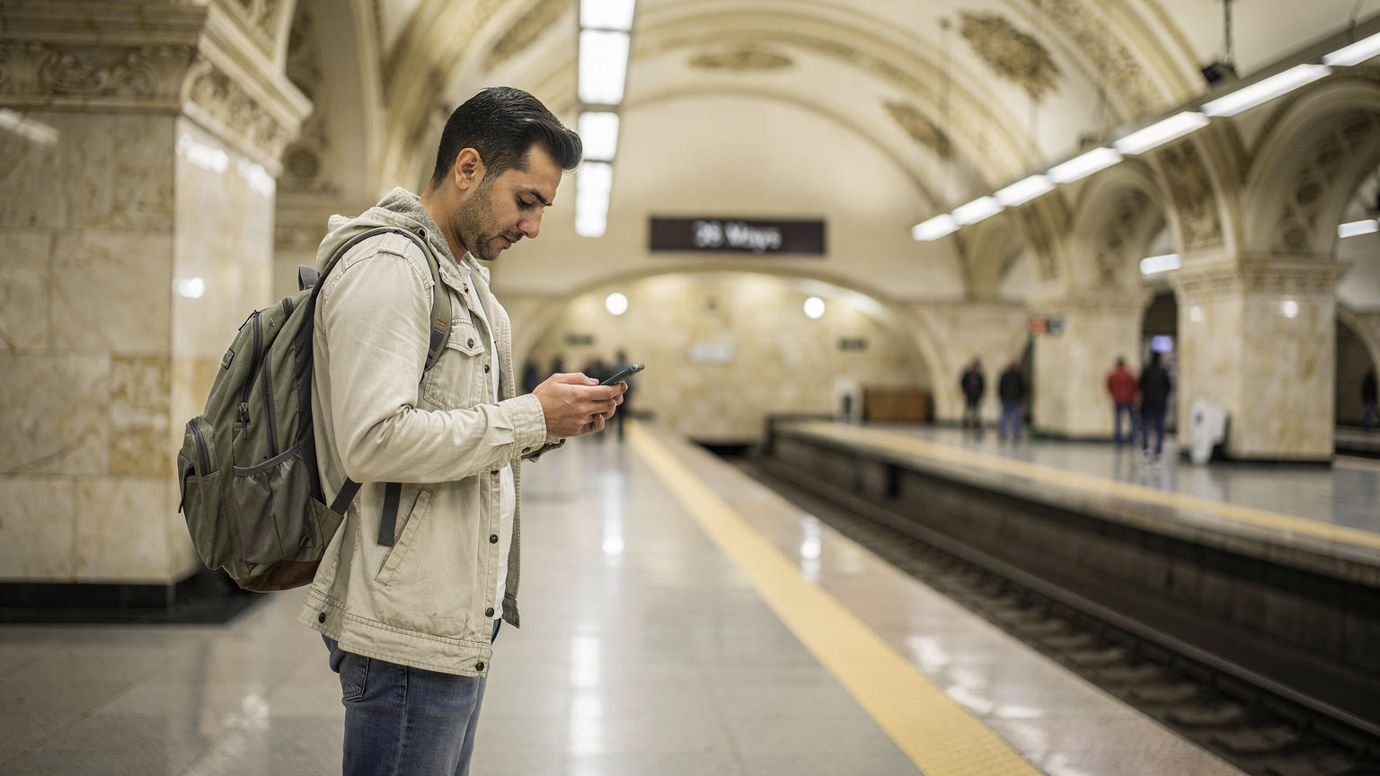 Bakü'de metro istasyonunda telefonundan bilet uygulamasına bakan bir gezgin.