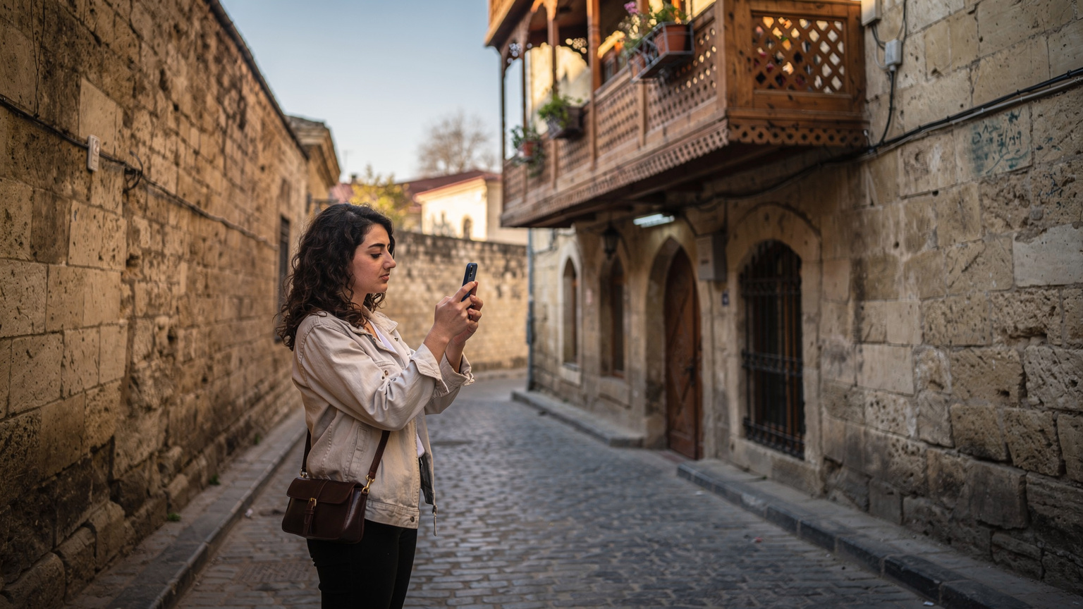 Bakü'nün tarihi Içerişehir sokaklarında telefonuyla fotoğraf çeken bir gezgin.