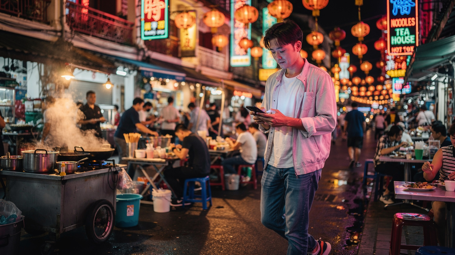 Un homme vérifie son téléphone alors qu'il marche dans une rue animée du quartier de Chinatown à Bangkok, avec des néons et des stands de nourriture de rue en arrière-plan, reflétant l'ambiance nocturne.