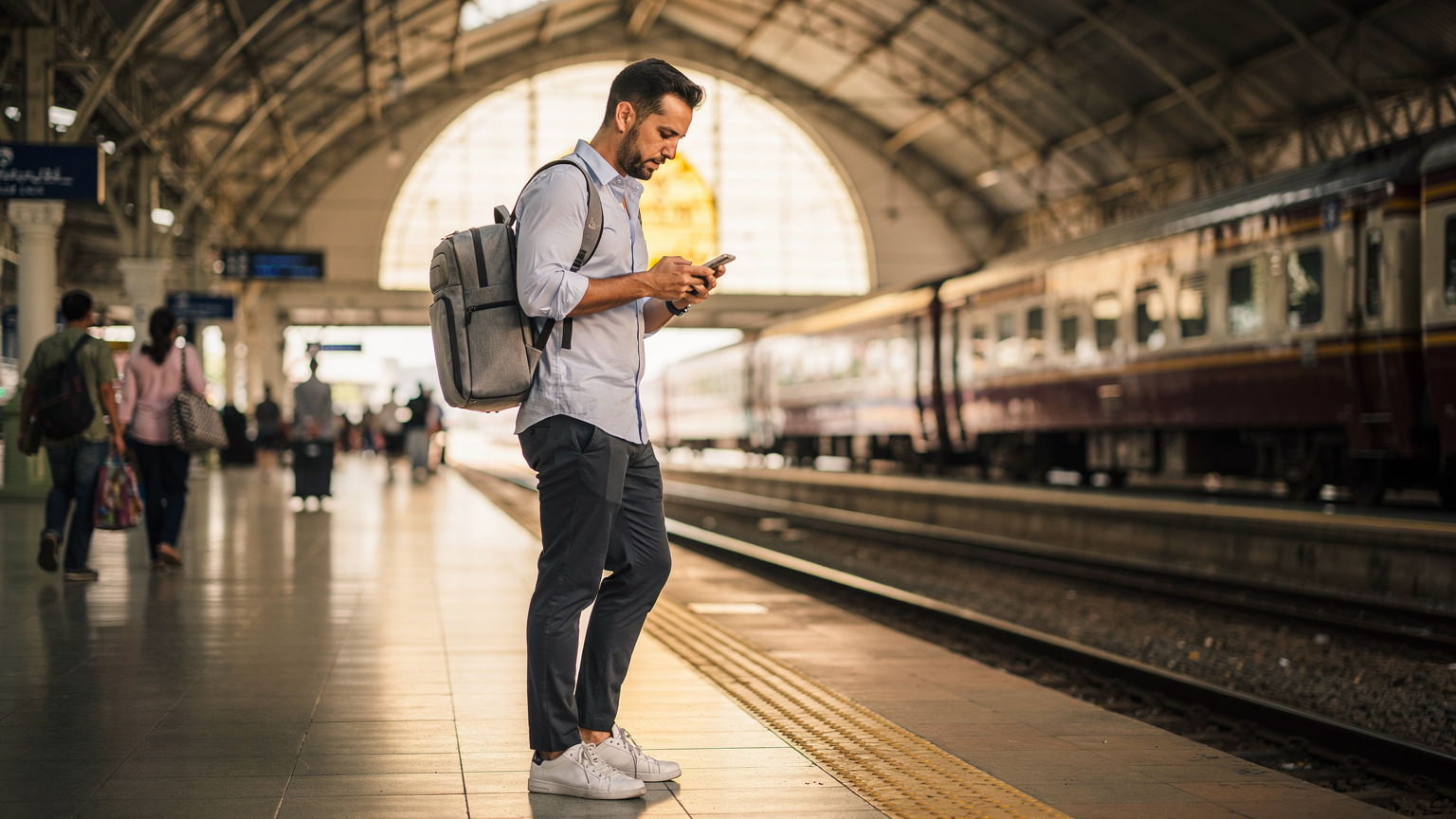 Un homme d'affaires élégant consulte son téléphone à la gare centrale de Hua Lamphong à Bangkok, avec des panneaux d'affichage thaïlandais en arrière-plan et des passagers qui passent.