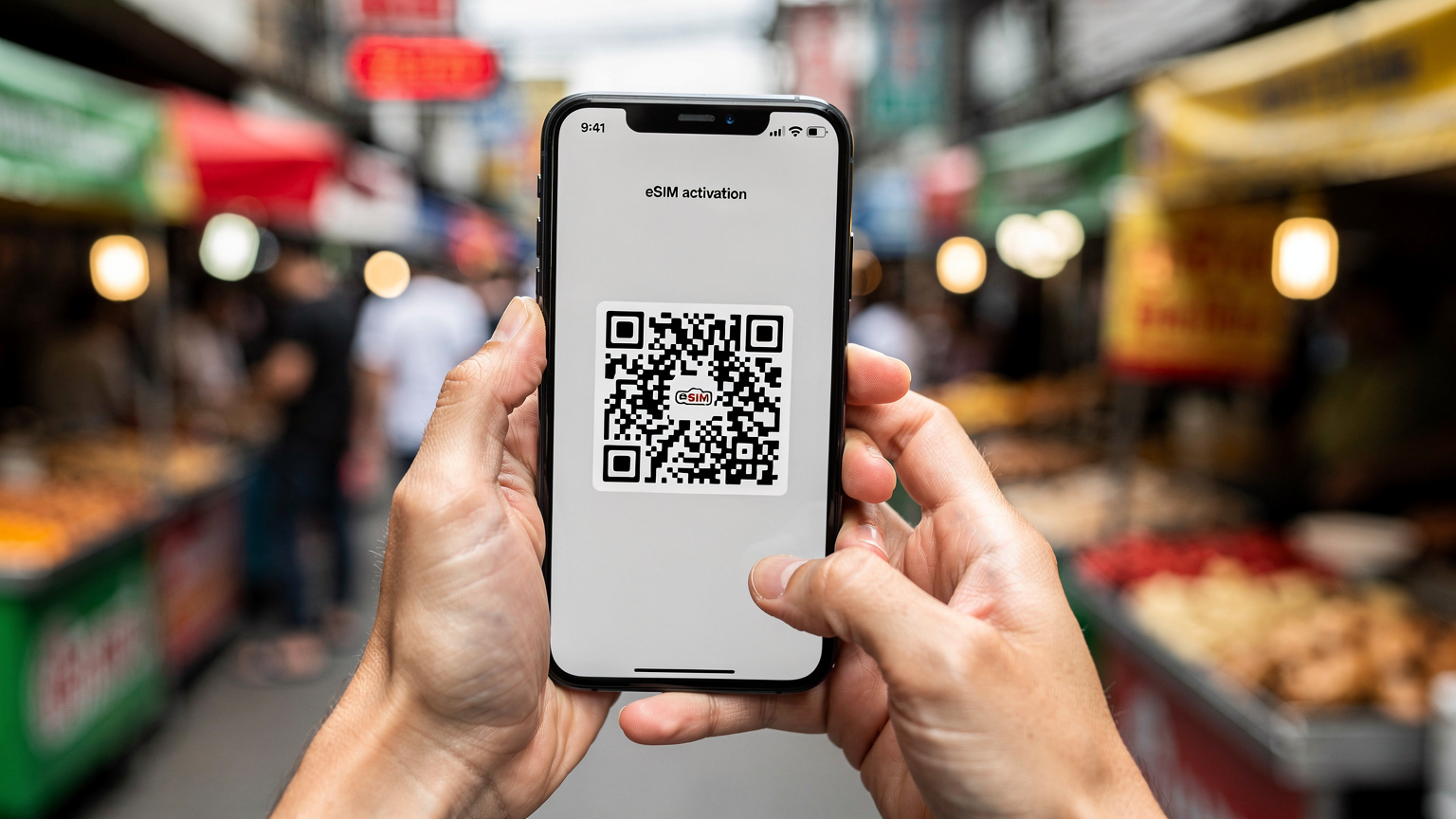 Un plan rapproché de mains tenant un smartphone affichant un QR code d'activation d'eSIM, avec un arrière-plan flou d'un marché thaïlandais animé et coloré.