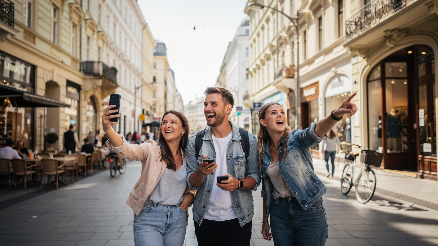 Un grupo de amigos jóvenes riendo y compartiendo momentos mientras navegan por la famosa calle de compras Mariahilfer Straße en Viena, sus teléfonos en mano para capturar fotos y buscar direcciones.