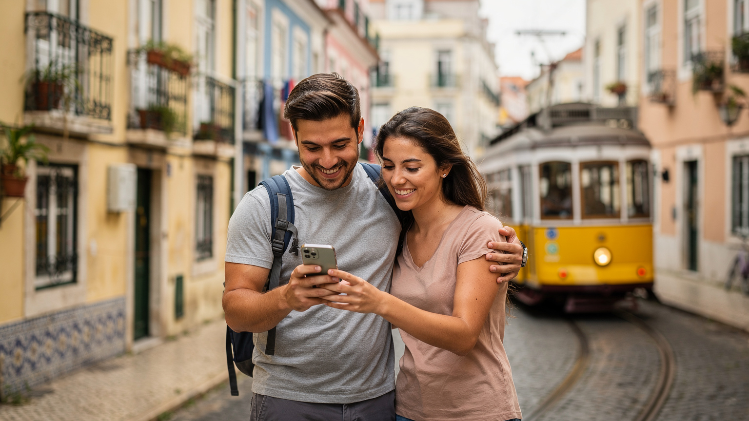 Una pareja joven sonríe, consultando su teléfono para indicaciones mientras pasean por el colorido barrio de Alfama en Lisboa, con el icónico tranvía 28 en el fondo.