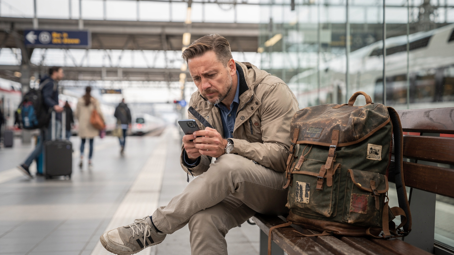 Un viajero con una mochila de aspecto internacional se sienta en un banco de una estación de tren europea, absorto en su teléfono, con una expresión ligeramente preocupada mientras intenta conectar su eSIM.