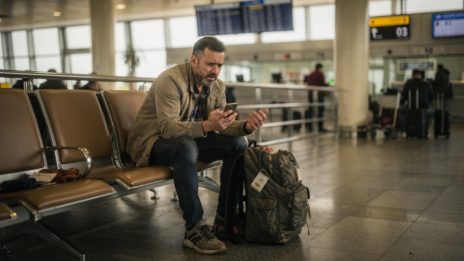 A traveler with a backpack looks frustrated at their phone, trying to get a signal in a dimly lit, slightly chaotic airport terminal in Tashkent, suggesting a connectivity problem.
