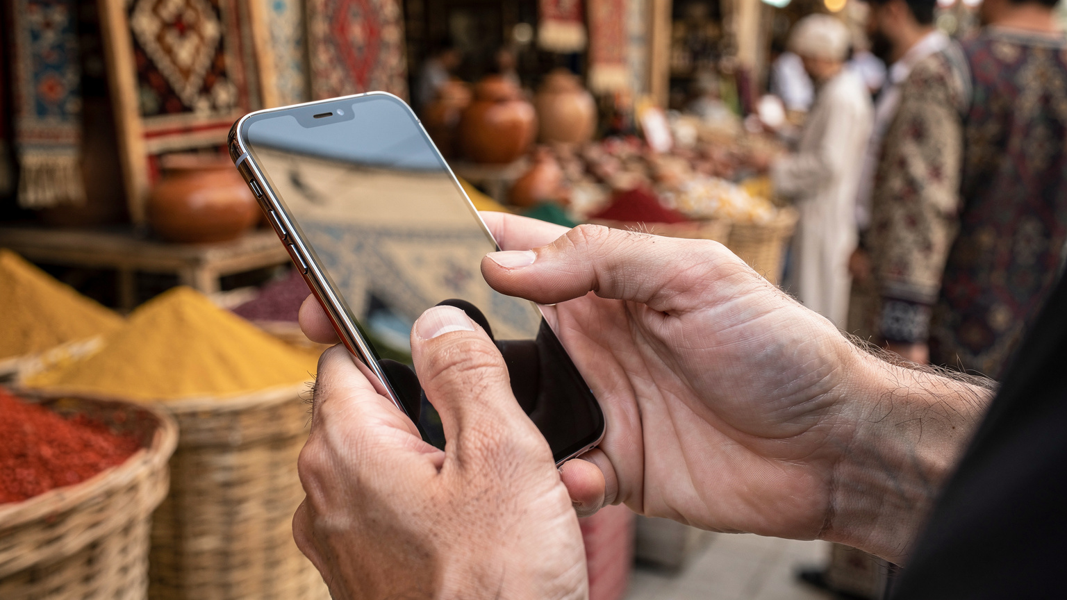 A close-up of a traveler's hands using a smartphone to set up an eSIM profile, with a blurry, vibrant backdrop of a Central Asian spice bazaar.