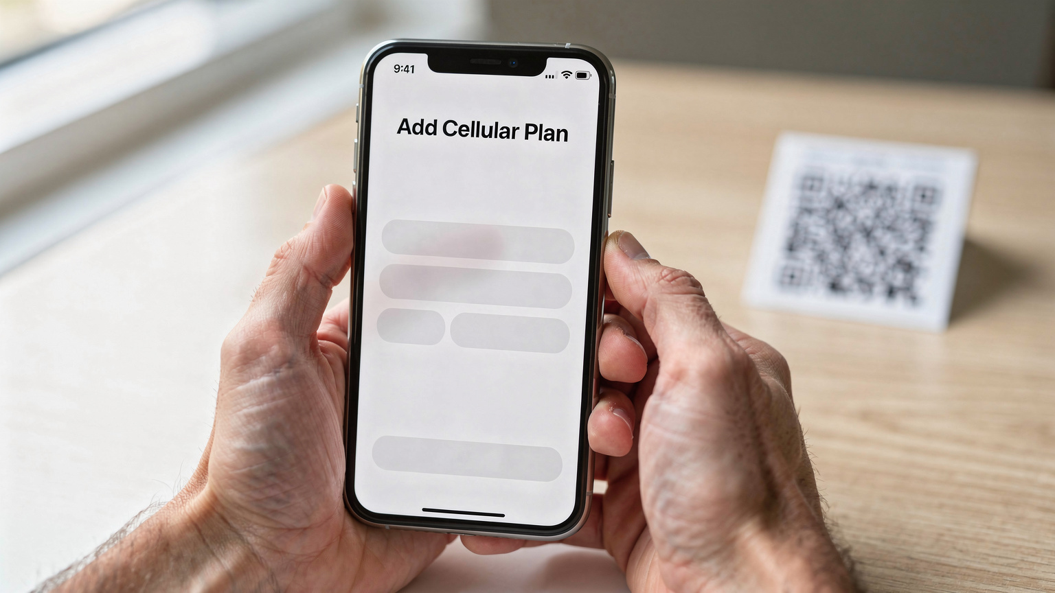 Mãos de um viajante seguram um smartphone, exibindo a tela de configurações de eSIM em um iPhone. A tela mostra a opção de adicionar um novo plano celular, com um QR code desfocado ao fundo.
