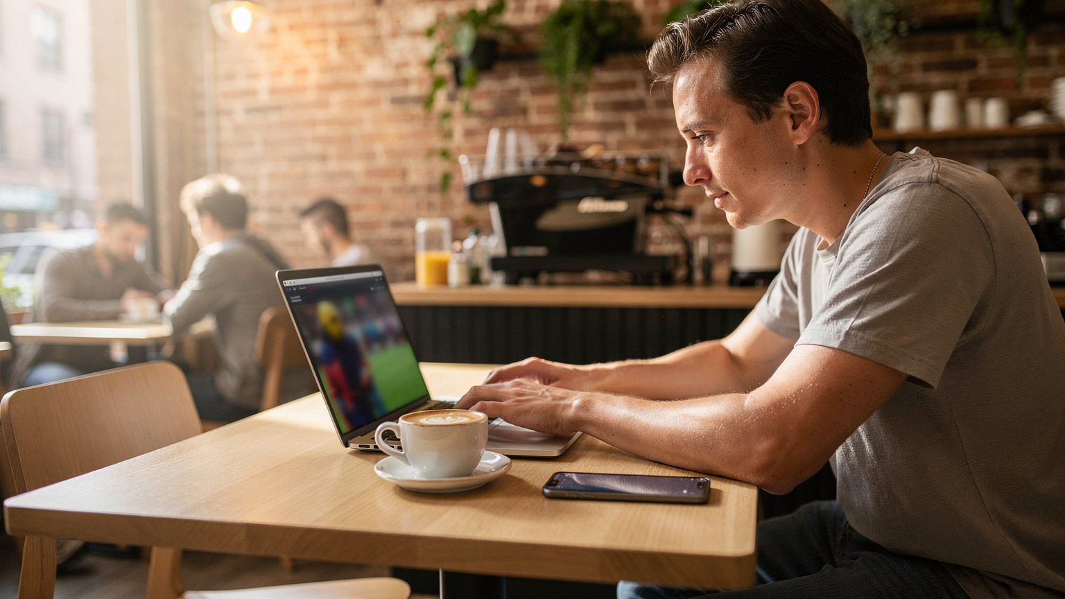 Uma pessoa sentada em um café moderno em Nova York, com um laptop aberto e um smartphone ao lado de uma xícara de café, utilizando o Wi-Fi para pesquisar sobre a Copa América.